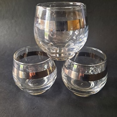 Vintage Libby Set Of 3 Roly Poly Silver Band MCM Retro Barware Cocktail Glasses
