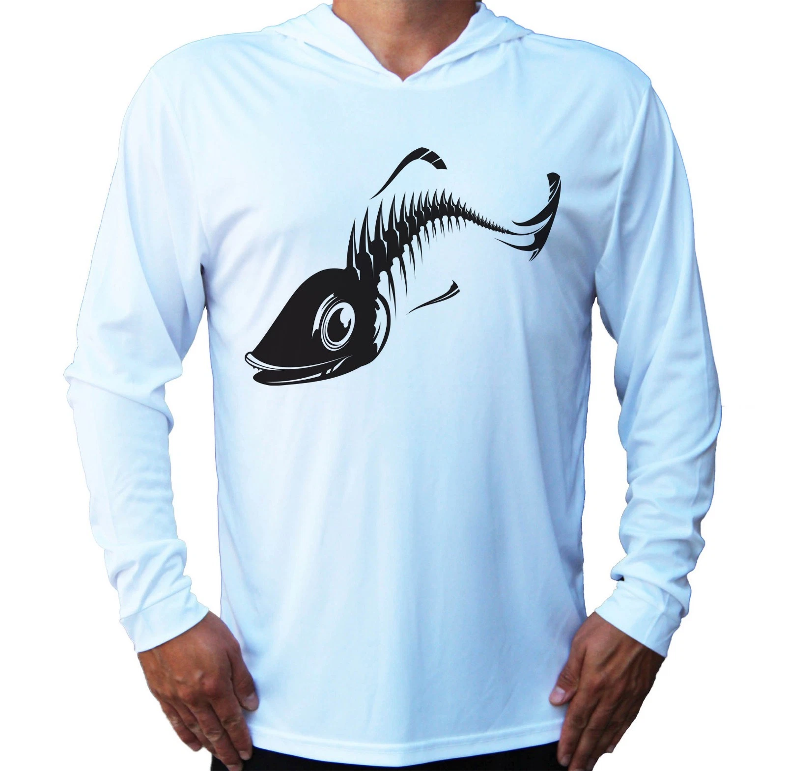 Fish Bones UV Protected UPF 50 Long Sleeve T-Shirt Fishing Boat Hood Skeleton