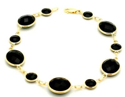14K Gelbgold Armband mit ausgefallenem Schliff rundem und ovalem schwarzem Onyx 8,5 Zoll