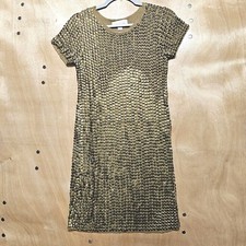 Michael Kors Women's Gold Chainmail Stud Rivet Lined Midi Shimmy Dress Sz XXS 
