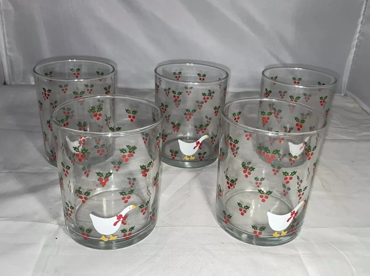 5 Vintage 1984 Christmas Goose Holly Berries Anchor Hocking 4 Rock Glasses