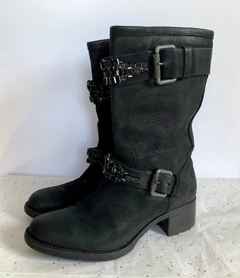 Vera Wang Moto Buckle Leather Black Ankle Boots Black Jewel Gem Strap Bohemian 7