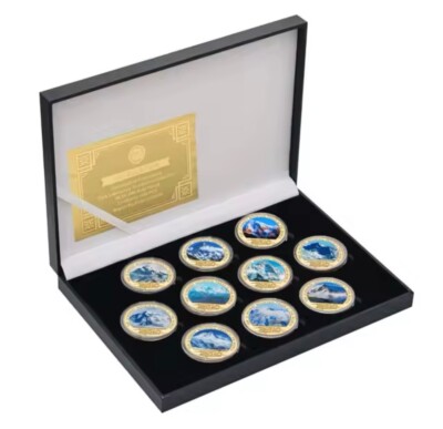 Worlds Top 10 Highest Mountains x10 Gold Plated Coins Box Set - Mount Everest