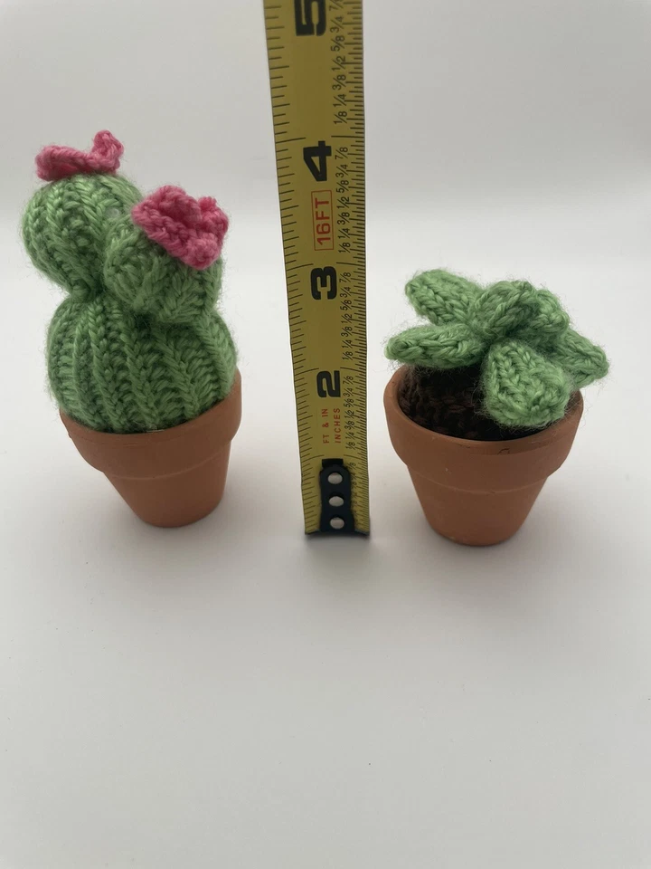 Dos pequeñas plantas tejidas de cactus en maceta rosa y verde en pequeñas macetas de terracota Foto 3 de 4