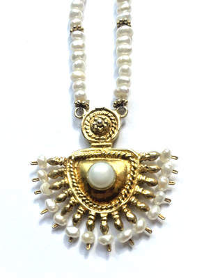 Vintage JCM Jacmel 925 Sterling Gold Vermeil Etruscan Pearl Sunburst Necklace