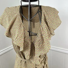 Max Studio Dress Womens L Yellow Geometric Hi-Low Wrap Midi Ruffle Crepe NEW