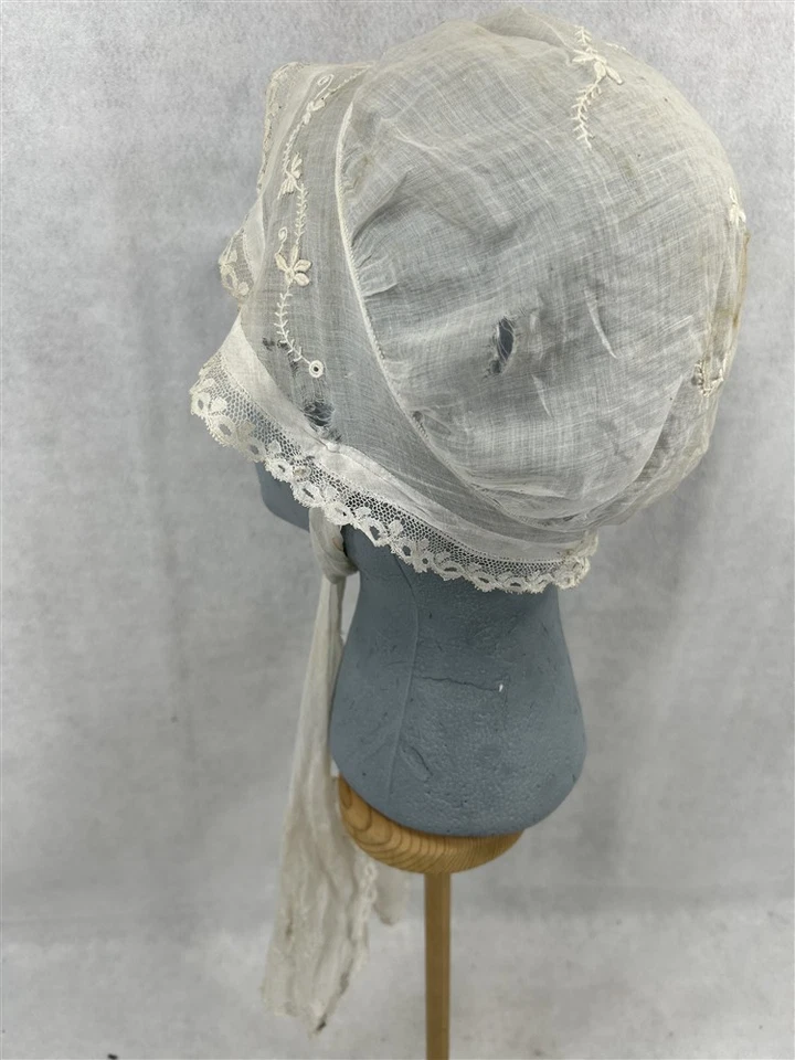 antique baby hat bonnet doll hand made white lace 14 around face 19th original  - Image 4 of 4