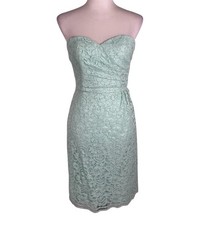 David's Bridal Strapless Dress Womens Size 6 Teal Allover Lace Floral Pleated