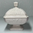 VTG Candy Dish Shell Pink Acorn Oak Leaf Milk Glass Jeanette Pedestal Lid