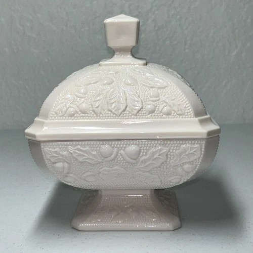 VTG Candy Dish Shell Pink Acorn Oak Leaf Milk Glass Jeanette Pedestal Lid