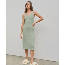 Cider Pale Green Ribbed Knit Sleeveless V-Neck Bodycon Midi Dress Small NEW