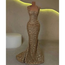Customized Champagne Mermaid Halter Neck Shiny Sequins Prom Dress Sleeveless new
