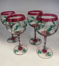 VTG 4 Hand Painted Blue Danube Balloon Wine Glasses Holly Holiday 16oz