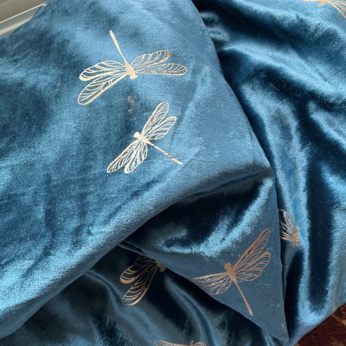 DUNELM Long Velvety Teal & Gold Dragonfly Lined RING TOP Curtain 168 X 228cms - Picture 5 of 13