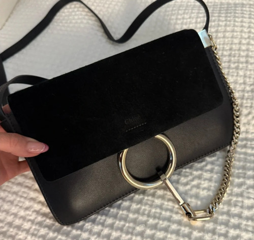 Chloe Faye Small Shoulder Crossbody Bag Black Leather Suede Gold Hardware