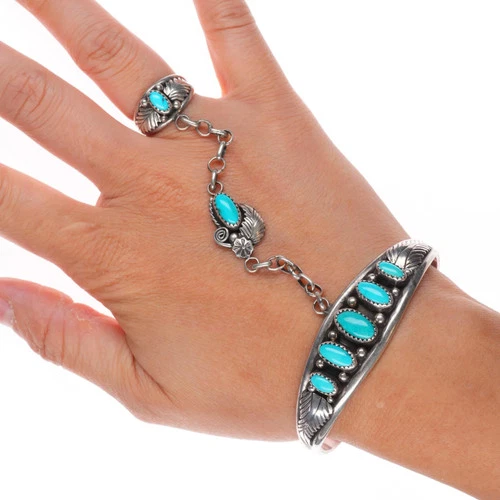 6.5"/sz5.5 ring vintage Platero Navajo sterling silver turquoise slave bracelet