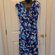 CHAPS Faux-Wrap Sheath Midi Dress L Floral Ruched Surplice Short Cap Sleeve Blue
