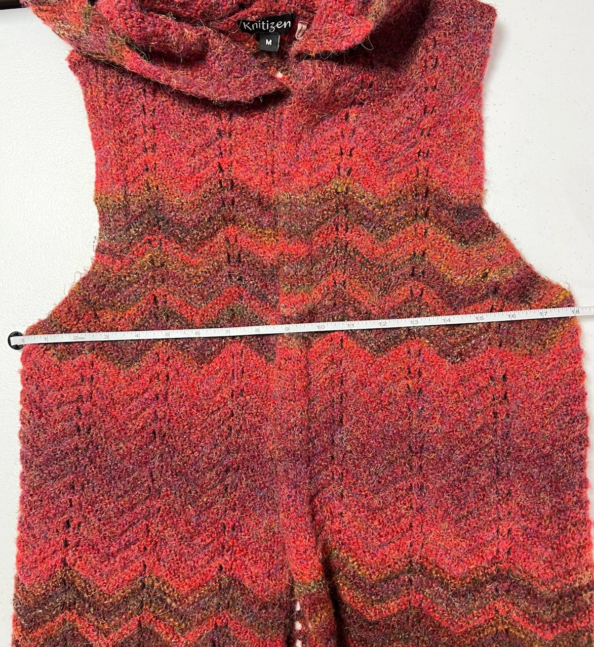 Knitizen Long Red Multi Chevron Pattern Hooded Sw… - image 7