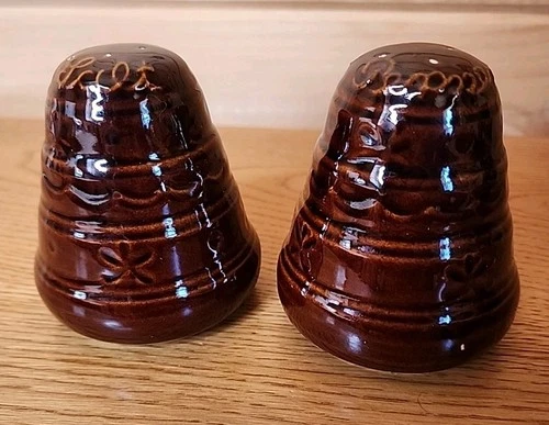 Vintage HULL Pottery Salt & Pepper Shakers Brown Drip Glaze Oven Proof USA