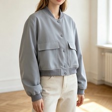 Women's Stand Collar Button Front Jacket with Large Pockets Solid Design