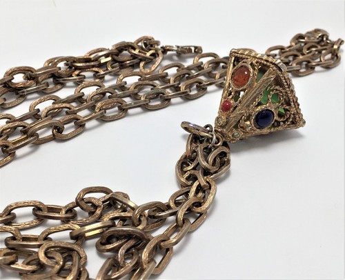VTG Colorful Intaglio Pyramid Pendant Gold Tone Three Tier Chain Necklace - Imagen 3 de 15