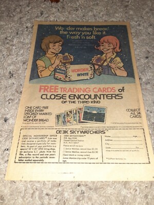 Vintage Close Encounters Of The Third Kind Wonder Bread Trading Card Ad