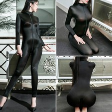 Women Ultra Soft Zipper Bodysuit Elastic Shiny Bodycon Jumpsuit Uniform Clubwear