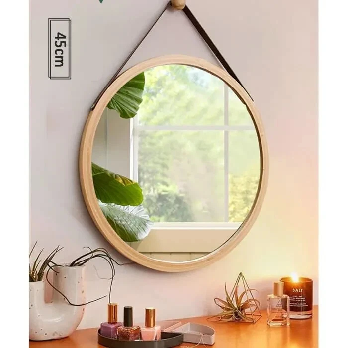 Miroir Mural Rond 45cm Design Moderne Avec Crochet Cadre Bois Bambou Naturel - Photo 4/4