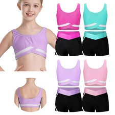 Kids Girls Top And Shorts Workout Tracksuit Running Gymnastics Skating Outfits