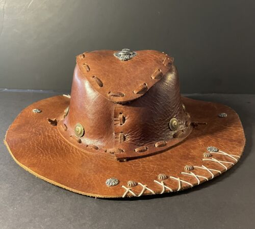 Hat Leather Biker,Hippie Style Vintage Rustic Finished - Picture 2 of 7