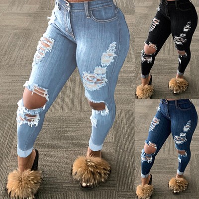 Womens High Waist Skinny Ripped Denim Pants Ladies Fit Jeans Stretchy Trousers Ebay