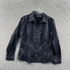 Apt 9 Women Top Large Black Silver Stripe Button Front Long Sleeve Shirt Stretch