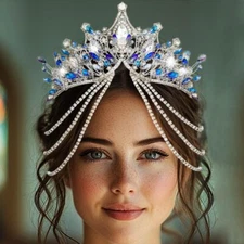 Blue Rhinestone Wedding Headband Silver Crystal Bridal Headpiece Prom Hair Ac...