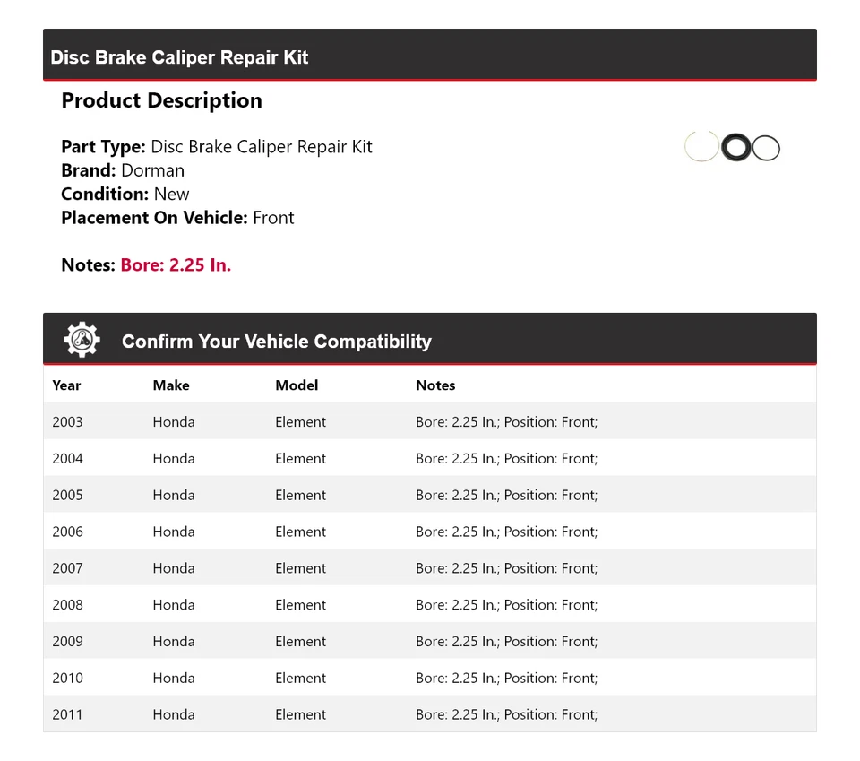 For 2003-2011 Honda Element Dorman Disc Brake Caliper Repair Kit Front 2004 2005 - Image 2 of 4