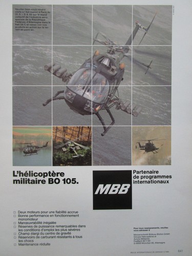 5/1985 PUB MBB BO 105 MILITARY HELICOPTER HELICOPTERE PARIS ORIGINAL FRENCH AD - Imagen 1 de 1