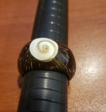 Coconut wood ring, dark brown, sea shell inlay, size 8.75