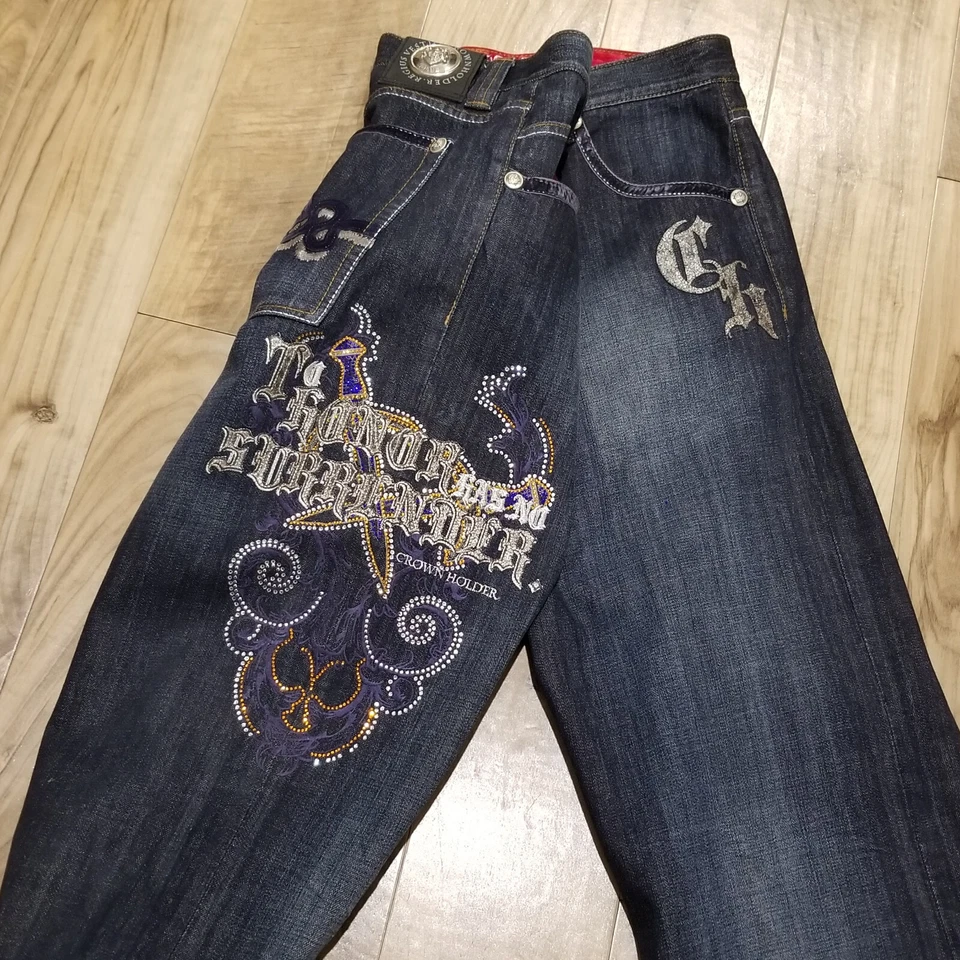 Vtg Crown Holder Jeans Mens 38 Button Fly Denim Embellished Hip Hop Y2K 39x32 - Image 4 of 4