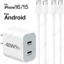 40W Dual USB-C Fast Charger Block Type-C Cable For iPhone 15 16 iPad Pro Samsung
