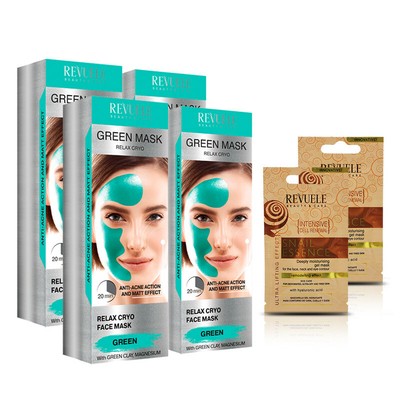 (4) Revuele Green Mask Deep exfoliation + 2 x 7mL Snail essence against dryness