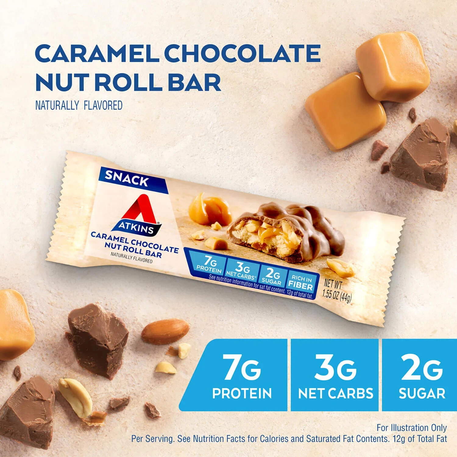 Atkins Snack Bars Caramel Chocolate Nut Roll 18 Ct – Low Carb Anytime Snack.