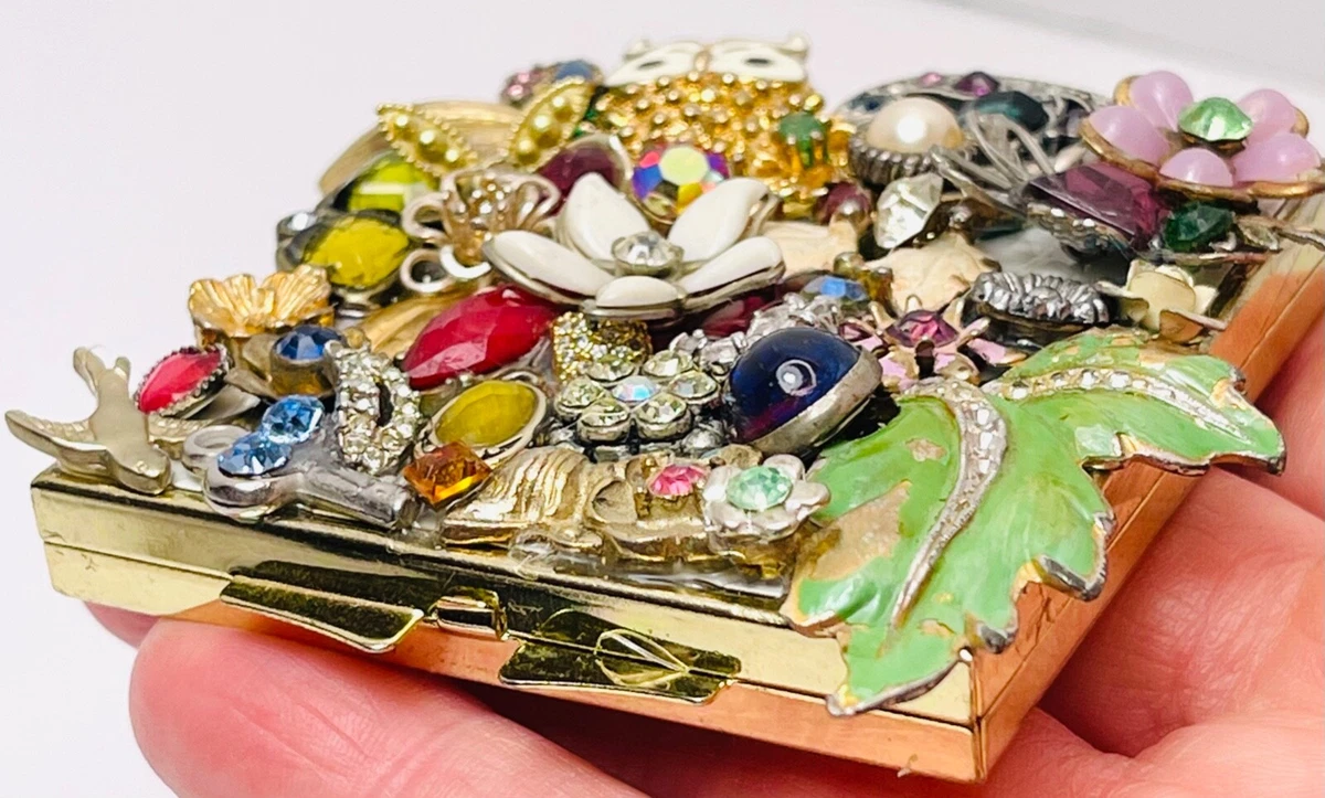 NEW Flower Power Mirrored Compact Collage 2.7 Created w VTG Jewelry Bits 18