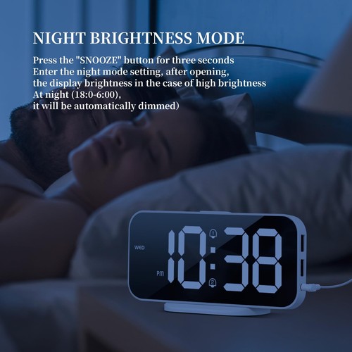 Digital Alarm Clock for Bedroom,6.7" LED Clock Mirror Surface with 2 USB Char... - Picture 7 of 8