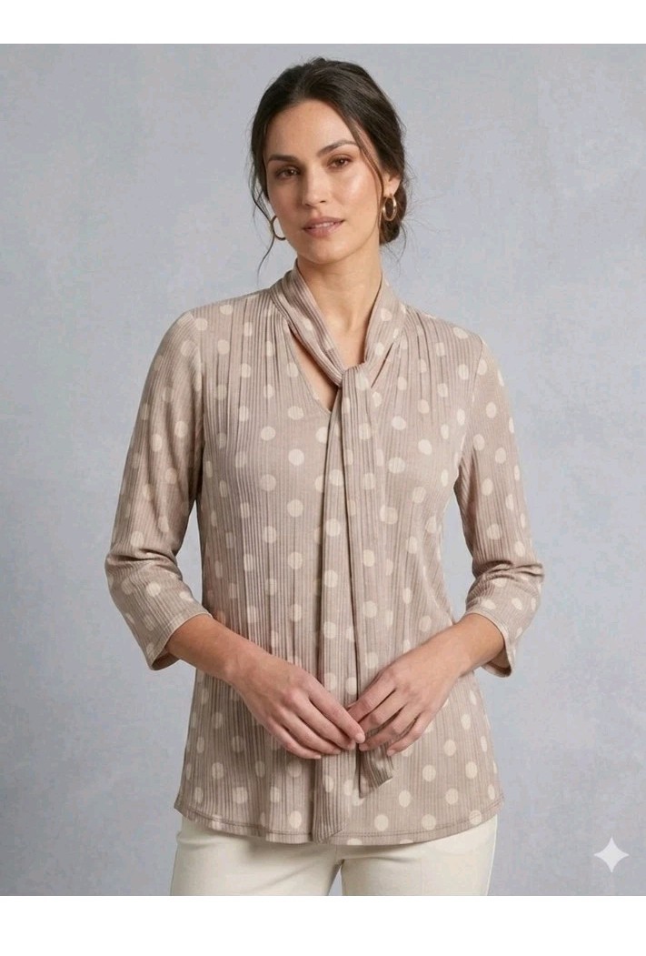 NWT Cato Women’s Taupe Pleated Polka Dot Tie-Neck Blouse — Size Large