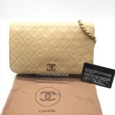 CHANEL Matelasse Leather Shoulder Bag Beige Push Lock Flap Classic Vintage