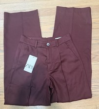 ZARA Burgundy High Rise Pleated Wide-Leg Dress Pants XS 24 Pockets