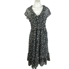 Old Navy Black Floral Ruffle Flutter Sleeve V Neck Tiered A Line Midi Dress Sz M