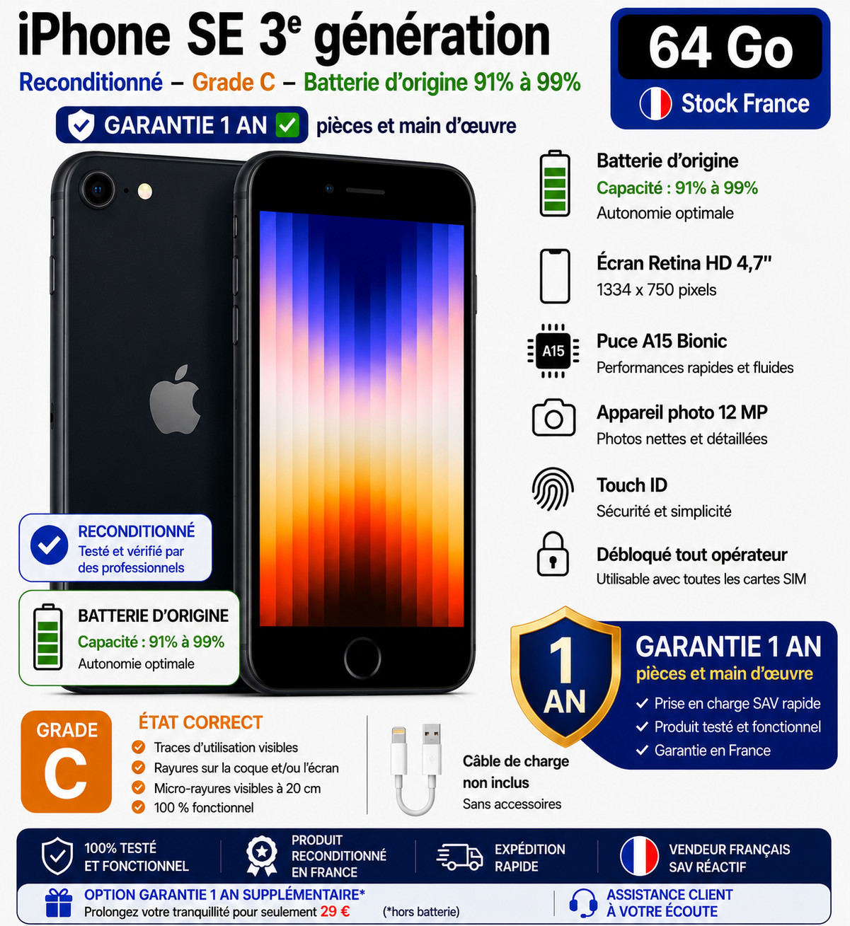 Apple iPhone SE 3ème Génération 2022  A2783 4.7" Retina 64Go  A15 Bionic C