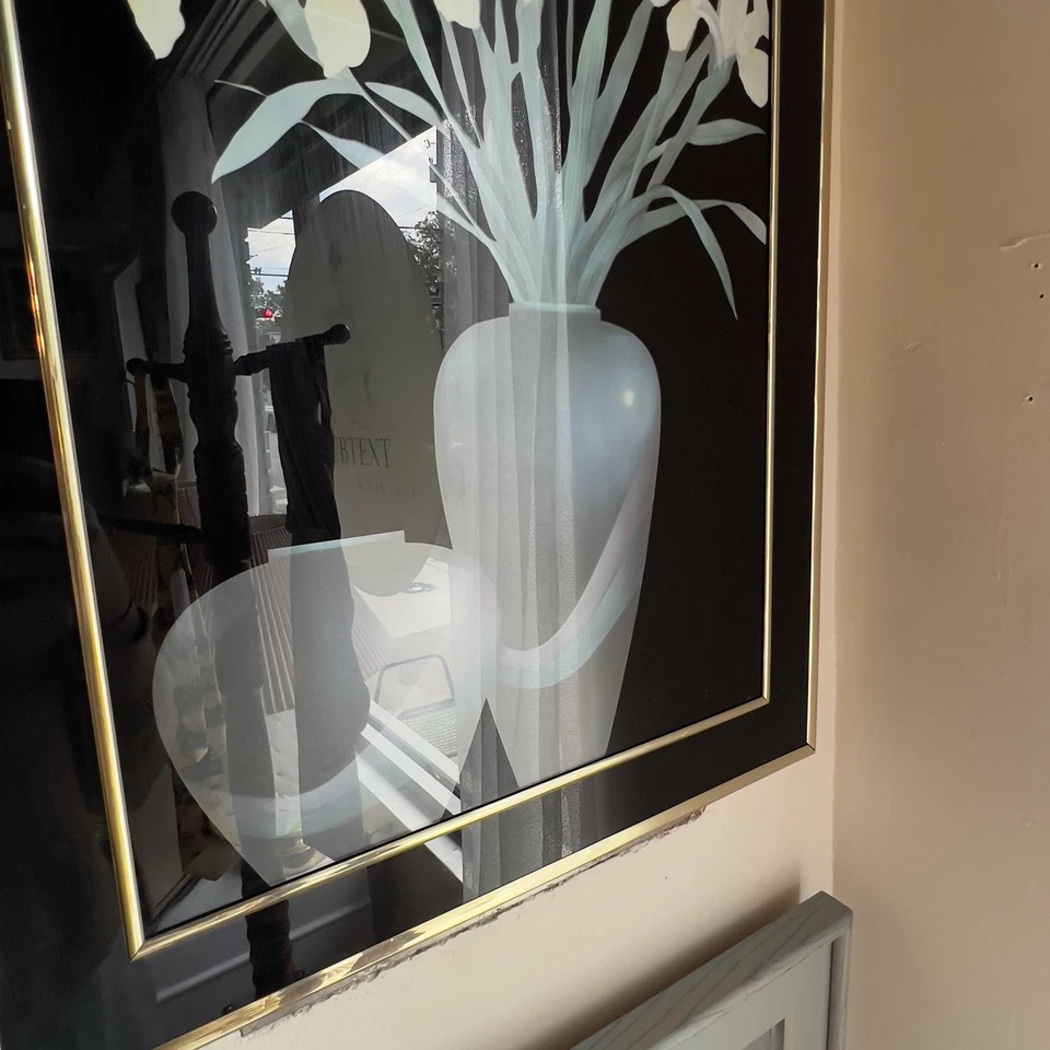 复古 80 年代镜面艺术品黑色蓝色花朵金色镜框 — 第 3/4 张图片