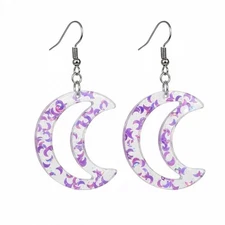 Sparkly Crescent Moon Dangle Earrings Purple Glitter Clear Acrylic Kawaii