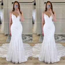 Mermaid Wedding Dresses Spaghetti Strap Sweep Train Lace Applique Bridal Gowns